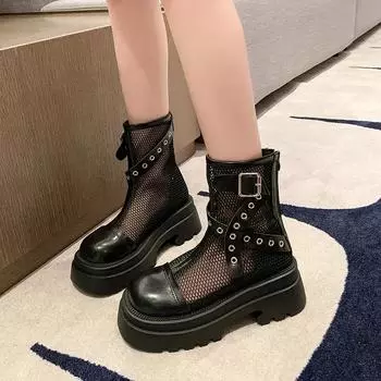 Мода 2024 года, брендовые женские туфли, женские сапоги на молнии, модные туфли с пряжкой на ремне, женские сапоги, горячая распродажа, круглые носки, толстая подошва, голые сапоги 35 бежевый