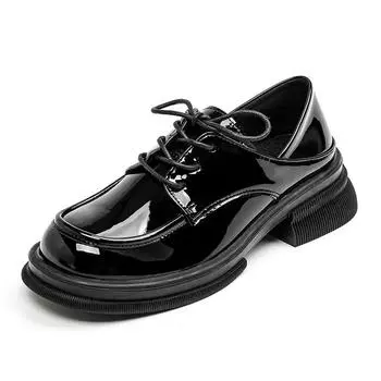 мода 2024 года британский стиль туфли-лодочки на толстой платформе женские весна-осень шнуровка толстые каблуки мокасины женские с круглым носком лакированные кожаные туфли 35