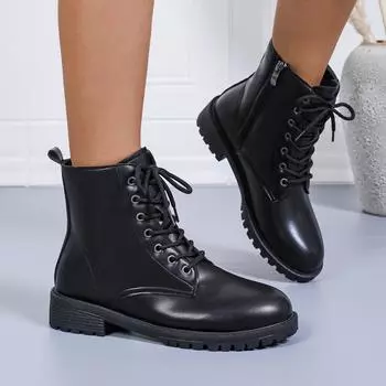 Мода 2024 года, черные ботильоны из искусственной кожи для женщин, модные низкие каблуки, зимняя обувь Antumu, женские короткие ботинки на молнии со шнуровкой, большие размеры 36 чёрный