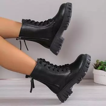 Мода 2024 года, черные новые женские ботильоны на платформе, осень-зима, на шнуровке, женские панк-сапоги, толстая подошва, молния, армейские ботинки, женские 35 чёрный