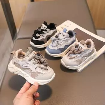 Мода 2024 года, детская обувь на толстой подошве, спортивная обувь для девочек, модные однотонные кроссовки для мальчиков и девочек, повседневные дышащие кроссовки для бега 21 чёрный