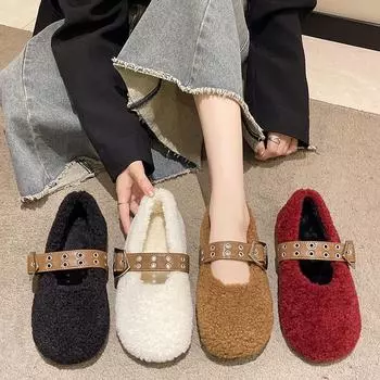 Мода 2024 года, дизайнерская женская теплая меховая обувь на весну и осень, модные женские туфли на плоской подошве без застежек с круглым носком, женские туфли Мэри Джейн 35 красный