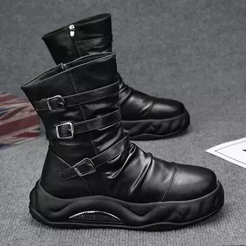 Мода 2024 года, дизайнерские черные мужские кожаные ботинки, осенне-зимний тренд, мужские мотоциклетные ботинки, высокие ботинки на платформе для мужчин, bota masculina 39