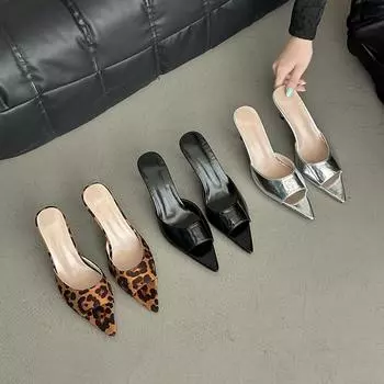 Мода 2024 года, дизайнерские летние женские тапочки на высоком каблуке, модные леопардовые шлепанцы с открытым носком, женские уличные слипоны, платье сандалии Size 35(foot 22.5cm) леопардовый