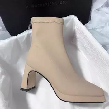 Мода 2024 года, дизайнерские женские ботильоны, модные туфли с молнией сзади, осень-зима, толстый каблук, женские элегантные короткие ботильоны, женские ботинки 35 абрикосовый