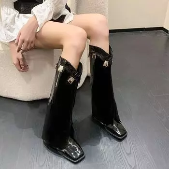 Мода 2024 года. Дизайнерские женские сапоги до колена с квадратным носком. Модные ботинки без застежек. Осенне-зимняя женская обувь на толстом каблуке. 35
