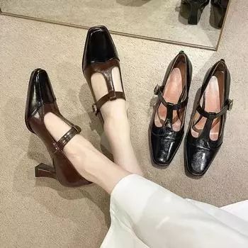 Мода 2024 года, дизайнерские женские туфли Мэри Джейн, модные элегантные туфли с квадратным носком и толстым каблуком, женские туфли-лодочки с Т-образным ремешком 35 коричневый