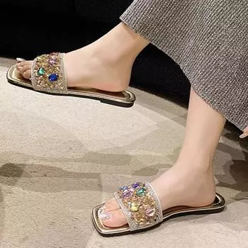 Мода 2024 года, горячая распродажа обуви, женские летние тапочки, квадратный носок, разноцветные блестящие бриллиантовые пайетки, открытый носок, пляжные тапочки 35