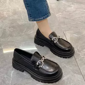 Мода 2024 года, горячая распродажа, женская обувь, туфли-лодочки, женские, осенние, с круглым носком, с металлическим украшением, пряжкой, на среднем каблуке, женские туфли-лоферы 35