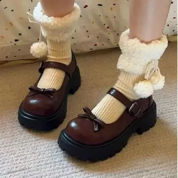 Мода 2024 года, горячая распродажа, женская обувь с пряжкой, ремешок, женские туфли на высоком каблуке, модные туфли-лодочки с бабочкой и круглым носком, туфли Мэри Джейн 35 коричневый