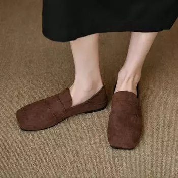 Мода 2024 года, горячая распродажа женской обуви One Kick, женские туфли на плоской подошве, весна-осень, квадратный носок, замша, твердая подошва, повседневные удобные туфли на плоской подошве 35 чёрный