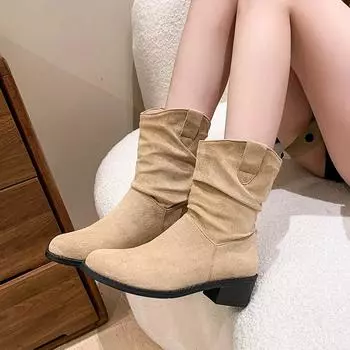Мода 2024 года, горячая распродажа женской обуви, женские сапоги с круглым носком, осенние, однотонные, короткие, на толстом каблуке, модные сапоги большого размера 35 чёрный