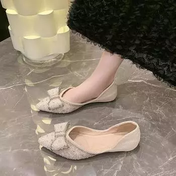 Мода 2024 года, хит продаж, универсальные туфли на низком каблуке, женские туфли на плоской подошве с блестками и жемчужным бантом, женские туфли на низком каблуке с острым носком, без застежек 35 зелёный