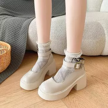 Мода 2024 года, хит продаж, весна и осень, модные туфли на высоком каблуке с круглым носком и неглубокой горловиной, с бантом и пряжкой в виде одного слова 35 бежевый