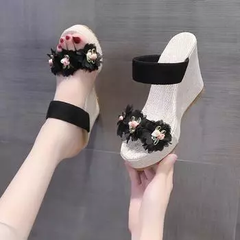 Мода 2024 года, хит продаж, женские тапочки, летние, однотонные, с цветочным принтом, нескользящие, с открытым носком, на танкетке, большие размеры, повседневные, удобные тапочки 35 бежевый