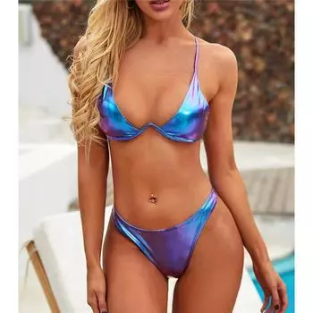 Мода 2024 года из искусственной кожи с V-образным вырезом на косточках, бикини для женщин, купальники, женский купальник, комплект бикини, купальный костюм S синий