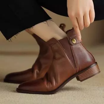 Мода 2024 года, короткие ботинки из натуральной кожи, женские новые зимние ботинки с круглым носком, однотонные, в стиле ретро, женские ботинки 35 чёрный