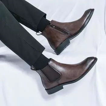 Мода 2024 года, кожаная весенняя дизайнерская итальянская модельная обувь на молнии для офиса, мужские повседневные ботинки «Челси», ретро-ботинки с острым носком 38 чёрный