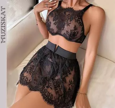 Мода 2024 года, кружевной прозрачный эротический костюм, сексуальный полный комплект, бюстгальтер, короткая юбка, подвязка, три предмета Onlyfans S