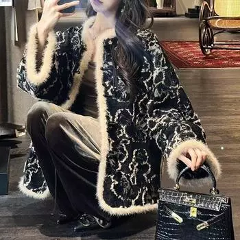 МОДА 2024 года Куртка в национальном стиле для женщин, зимний темперамент, новая свободная мода, тяжелая промышленность, верхняя женская короткая куртка, одежда S золотисто-коричневый