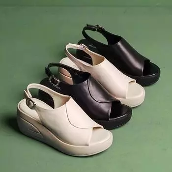 Мода 2024 года, летние босоножки на танкетке и платформе Sandalias De Mujer, модные женские повседневные босоножки в стиле ретро Romen с открытым носком, мягкие и удобные 35 чёрный