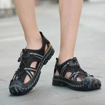 Мода 2024 года, летние новые мужские дышащие сандалии, сетчатые легкие пляжные сандалии, рыбацкая обувь для мужчин, уличная обувь, сшитая вручную обувь 38-46 38 чёрный