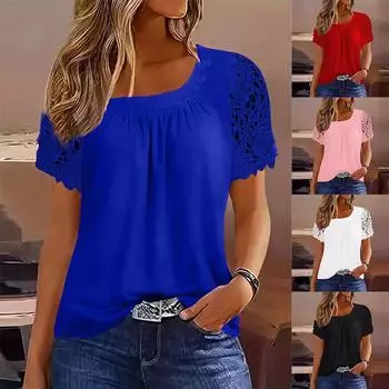 Мода 2024 года, летние повседневные топы, женские кружевные лоскутные блузки с короткими рукавами, женская розовая свободная сексуальная футболка с круглым вырезом, уличная одежда S белый