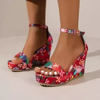 Мода 2024 года, летние высококачественные женские туфли с открытым носком, на танкетке, женские босоножки, модные женские туфли с пряжкой в одну линию, каблуки 36 красный