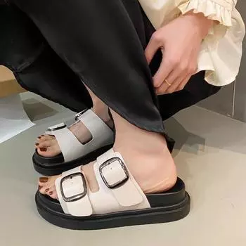 Мода 2024 года, летние женские новые пляжные тапочки для отпуска, повседневные пляжные сандалии с открытым носком и толстой подошвой, нескользящие женские сандалии 35 чёрный