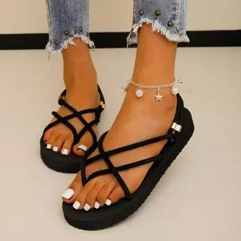 Мода 2024 года, летние женские тапочки, босоножки на толстой подошве, шлепанцы с перекрестной шнуровкой, дорожные пляжные тапочки, женские тапочки на высоком каблуке 36 красный