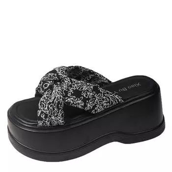 Мода 2024 года. Летние женские тапочки на высокой платформе. Холщовые туфли на танкетке высотой 8 см. Шлепанцы. Милые босоножки на толстой подошве для девочек. Пляжные шлепанцы с открытым носком. 34