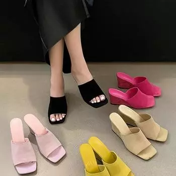 Мода 2024 года, летние женские тапочки с открытым носком, модные элегантные шлепанцы на танкетке и каблуке, женское элегантное вечернее платье, сандалии Size 35(foot 22.5cm) красный