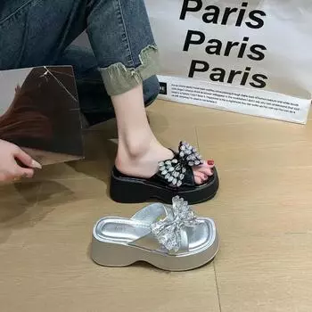 Мода 2024 года, летние женские тапочки высокого качества на толстой подошве со стразами и бантом, плоские тапочки на толстой подошве для женщин, для отдыха на открытом воздухе, пляжа 35 чёрный