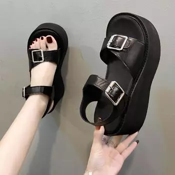 Мода 2024 года, летняя европейская и американская мода, босоножки на толстой подошве с покатым каблуком, универсальная круглая носовая часть, мягкая и удобная женская обувь 35 чёрный