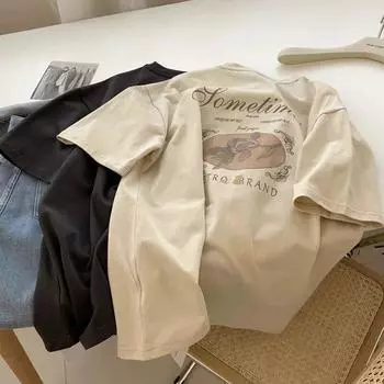 Мода 2024 года, летняя футболка из чистого хлопка с короткими рукавами, футболка с цветочным принтом в стиле Харадзюку, повседневная футболка большого размера с короткими рукавами, серая футболка, топы y2k, женская одежда S серый