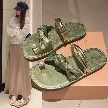 Мода 2024 года, летняя мода, бант, сандалии, тапочки, женские шлепанцы на плоской подошве, женские вышитые милые пляжные тапочки, обувь больших размеров 35 зелёный