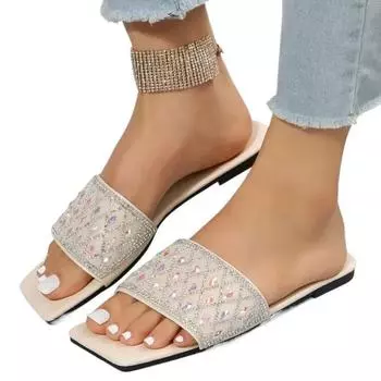Мода 2024 года, летняя мода, новые сексуальные повседневные удобные однотонные босоножки со стразами, тапочки с квадратным носком и плоским каблуком, большой размер 35-43 35 бежевый