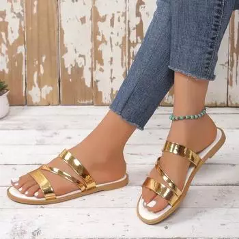 Мода 2024 года, лето, хит продаж, высококачественная женская обувь, открытый носок, однотонные модные блестящие женские пляжные тапочки на плоской подошве 35