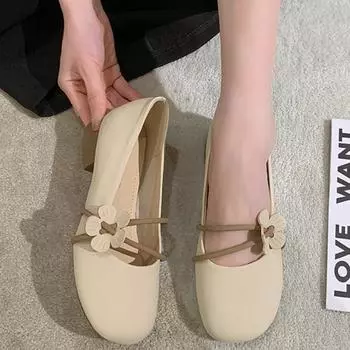 Мода 2024 года, лето, новая мода, простые цветочные универсальные однотонные туфли из мягкой кожи с круглым носком, женские туфли на плоской подошве 35 хаки