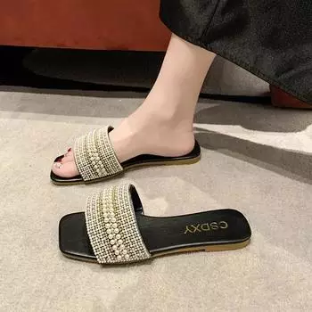 Мода 2024 года, лето, новые модные повседневные женские тапочки с жемчугом, однотонные туфли с плоским дном и открытым носком, женские уличные пляжные тапочки 35 бежевый