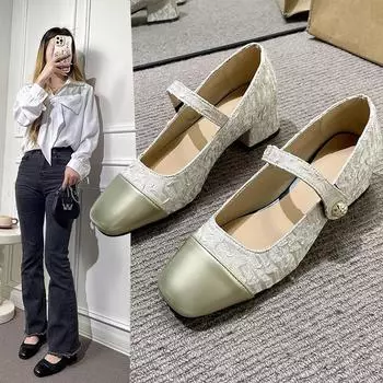 Мода 2024 года, лето, новые модные туфли с квадратной головкой и цветными блоками, легкая верхняя одежда, универсальные удобные туфли на высоком каблуке для женщин 35 бежевый