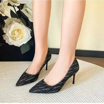 Мода 2024 года, лето, новые модные заостренные верхние туфли из ткани с цветными блоками, женские туфли на большом каблуке, удобные туфли для банкета 34 синий