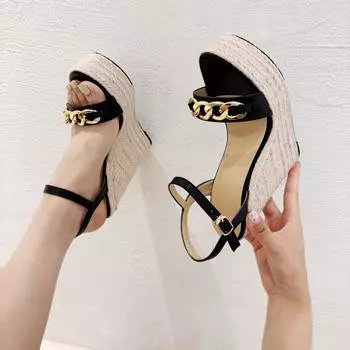 Мода 2024 года, лето, новые плетеные пеньковые веревки, танкетки, женские сандалии на платформе, открытый носок, цепочка, украшение на щиколотке, пряжка, ремешок, туфли на высоком каблуке 35 чёрный