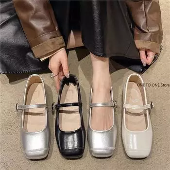 Мода 2024 года, лето, новый бренд, женские туфли на плоской подошве, модные туфли Мэри Джейн с квадратным носком, мягкие повседневные балетки, туфли с открытой пяткой, черные 35-42 35 серебряный