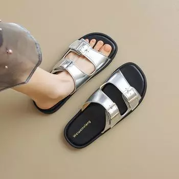 Мода 2024 года, лето, новый стиль, женские уличные сандалии, корейский стиль, плоские туфли, женские повседневные модные серебристые тапочки, бесплатная доставка 35 серебряный