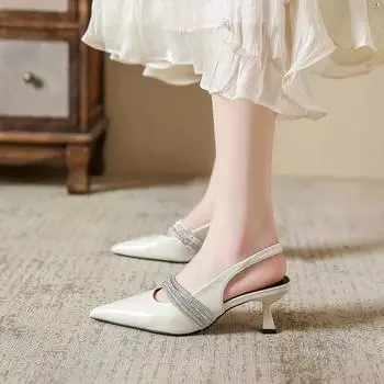 Мода 2024 года, лето, острый носок, шпилька, неглубокий носок, женские туфли на высоком каблуке, модные однотонные женские босоножки Baotou с пряжкой в одну линию 35 бежевый