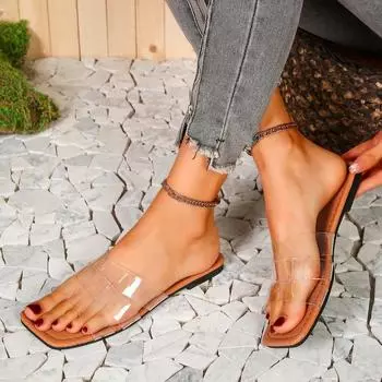 мода 2024 года лето прозрачные ремешки на низком каблуке пляжные сандалии/тапочки большого размера одно слово модные сандалии женские тапочки 36 чистый