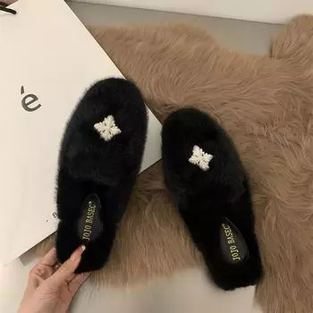 Мода 2024 года, металлические пряжки, милые норковые меховые полутапочки с пучком для женщин, носящих весенние и зимние плюшевые туфли на одну ногу 35 бежевый