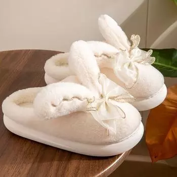 Мода 2024 года, милые хлопковые тапочки с кроликом, женские зимние домашние тапочки для принцессы, плюшевые теплые тапочки с толстой подошвой и закрытым носком, хлопковая обувь 36-37 белый