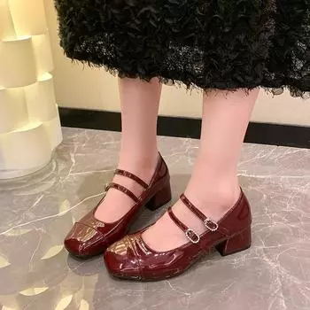 Мода 2024 года, модная обувь для женщин, женские туфли-лодочки с пряжкой, весна-осень, квадратный носок, неглубокое однотонное платье, туфли на толстом каблуке, Zapatos Mujer 35 чёрный